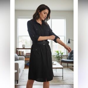 Sharagano black dress pockets roll tab long sleeves snap up front collar Sz 4